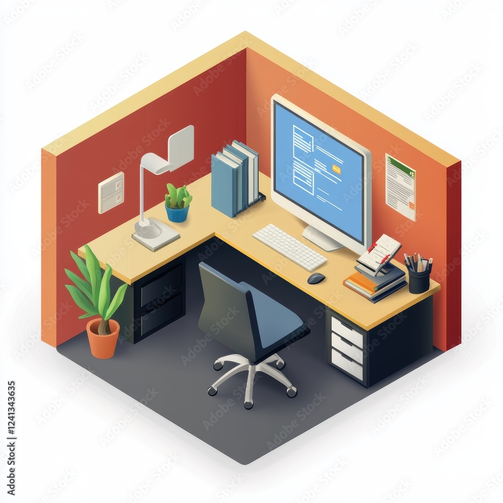 Isometric illustration of a small home office setup with a cozy desk, computer, books, and plants. Isometric illustration of a small home office setup with a cozy desk, computer, books, and plants.