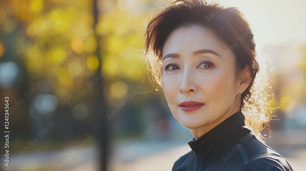 Mature Asian woman in black sportswear jogging in a sunny city park with autumn leaves, showcasing a healthy lifestyle and fitness. Mature Asian woman in black sportswear jogging in a sunny city park with autumn leaves, showcasing a healthy lifestyle and fitness.