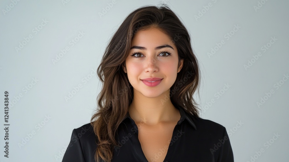 Confident young woman in black blouse against soft white background showcasing natural beauty and warm expression, ideal for professional portraits. Confident young woman in black blouse against soft white background showcasing natural beauty and warm expression, ideal for professional portraits.