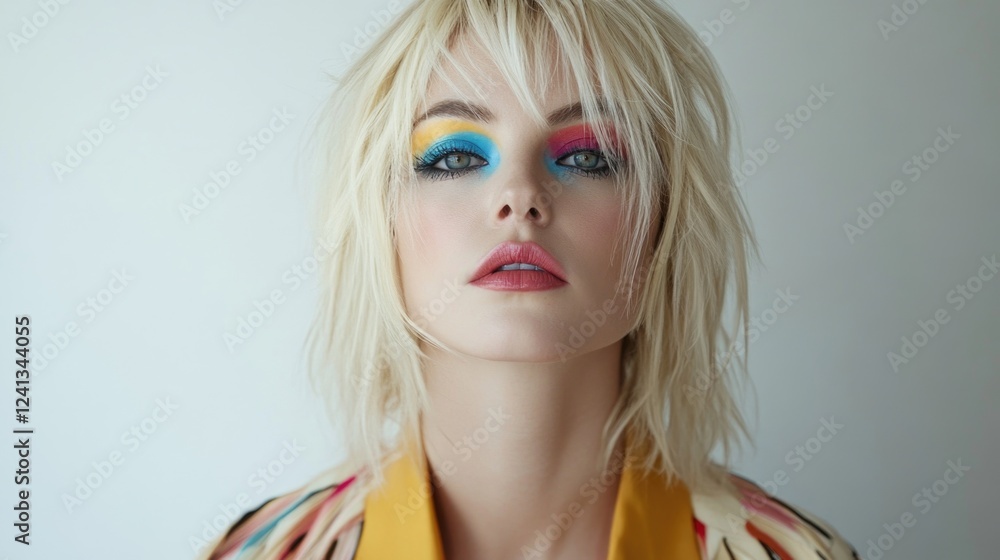 Young woman with short blonde hair showcasing vibrant rainbow eye makeup and bold lip color against a bright white background, fashion portrait. Young woman with short blonde hair showcasing vibrant rainbow eye makeup and bold lip color against a bright white background, fashion portrait.