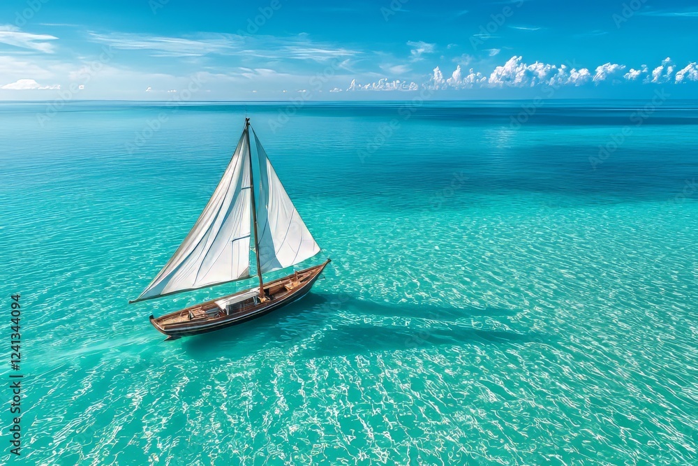 Fototapeta premium Sailboat gliding on tranquil turquoise waters.