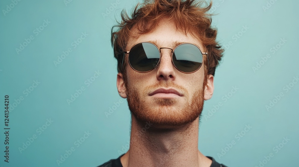 Fototapeta premium Serious young adult Caucasian man with hipster style wearing round sunglasses, posing confidently against a bright blue background.