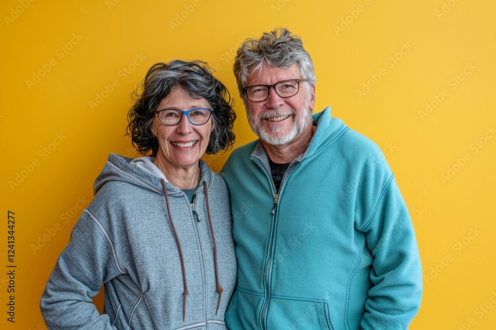 Portrait of a happy caucasian couple in their 60s wearing a zip-up fleece hoodie in pastel yellow background Portrait of a happy caucasian couple in their 60s wearing a zip-up fleece hoodie in pastel yellow background
