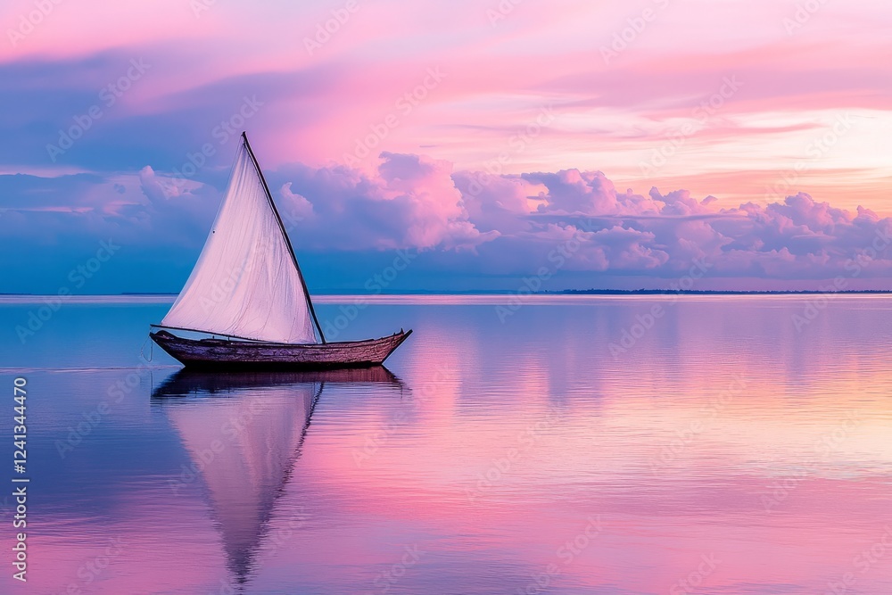 Naklejka premium Serene sailboat at sunset, reflecting on calm waters.