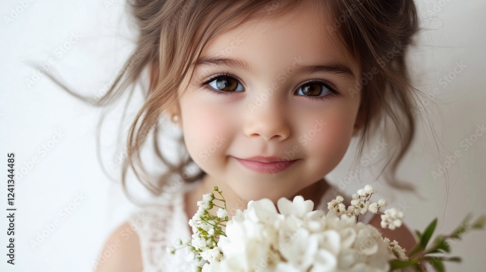 Charming young girl with brown hair and big eyes holding a bouquet of white flowers, promoting dental health and oral care concepts, isolated on white background. Charming young girl with brown hair and big eyes holding a bouquet of white flowers, promoting dental health and oral care concepts, isolated on white background.