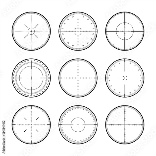 Various sniper rifle sights with degree scale, weapon optical scope crosshair. Hunting gun viewfinder. Shooting mark symbol, aim. Military target sign. Game interface UI element. Vector illustration