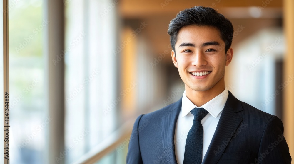 Smiling young adult Asian man in formal black suit and tie standing in brightly lit modern office interior with large windows. Smiling young adult Asian man in formal black suit and tie standing in brightly lit modern office interior with large windows.