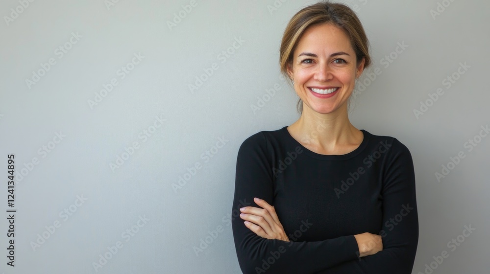 Fototapeta premium smiling woman in black long-sleeve top with arms crossed standing against light gray background expressing confidence and happiness