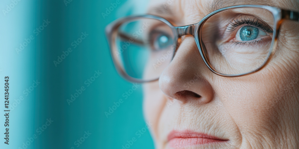 Close up of mature Caucasian woman with glasses, reflecting calmness and wisdom in a serene setting Close up of mature Caucasian woman with glasses, reflecting calmness and wisdom in a serene setting