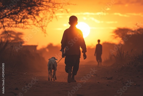Silhouette of a child leading a small animal at sunset.
