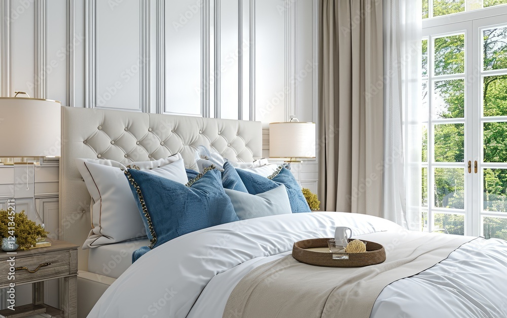 Luxuriously styled bedroom with a white bed with blue pillows, and a tray on the bed.