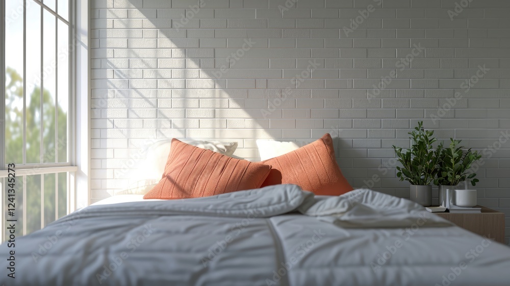 Bright bedroom with a neatly made white bed with orange pillows, and a small plant on the bedside table against a white background.