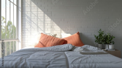 Obraz na płótnie Bright bedroom with a neatly made white bed with orange pillows, and a small plant on the bedside table against a white background. w salonie