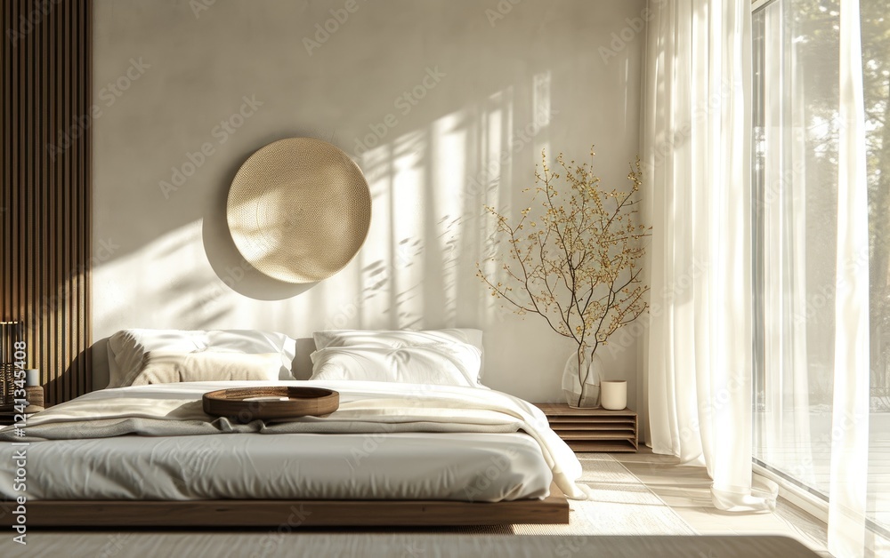 Bright minimalist bedroom interior with soft sunlight filtering through curtains, a clean bed design, round textured wall art, and a potted plant adding natural warmth