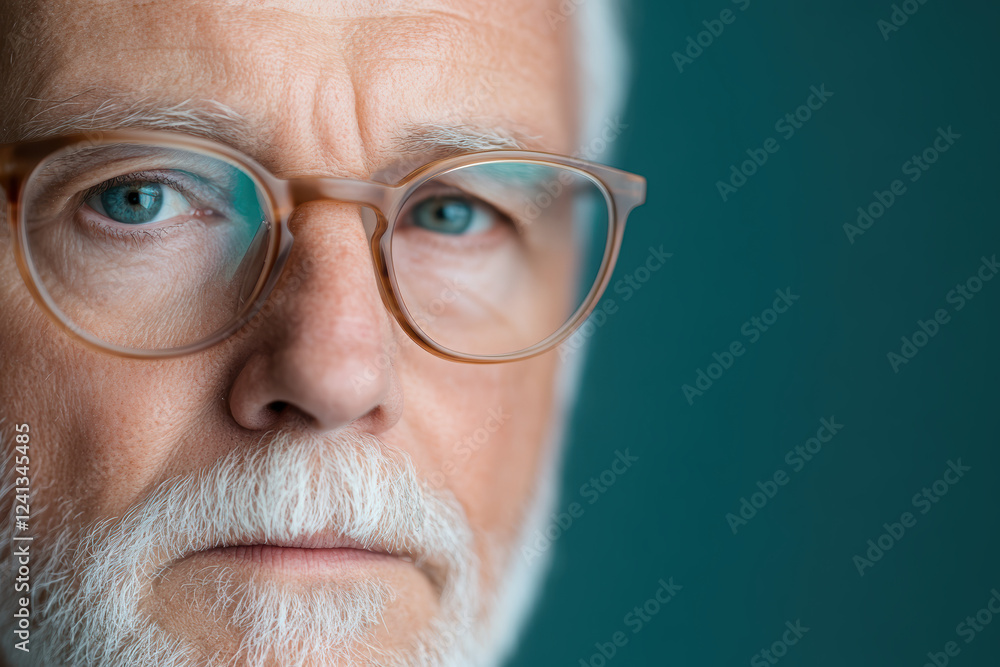 Close up of a mature Caucasian man with glasses observing thoughtfully against a green background Close up of a mature Caucasian man with glasses observing thoughtfully against a green background