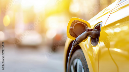 Bright yellow electric car charging with sunlight highlighting eco friendly transportation technology photo