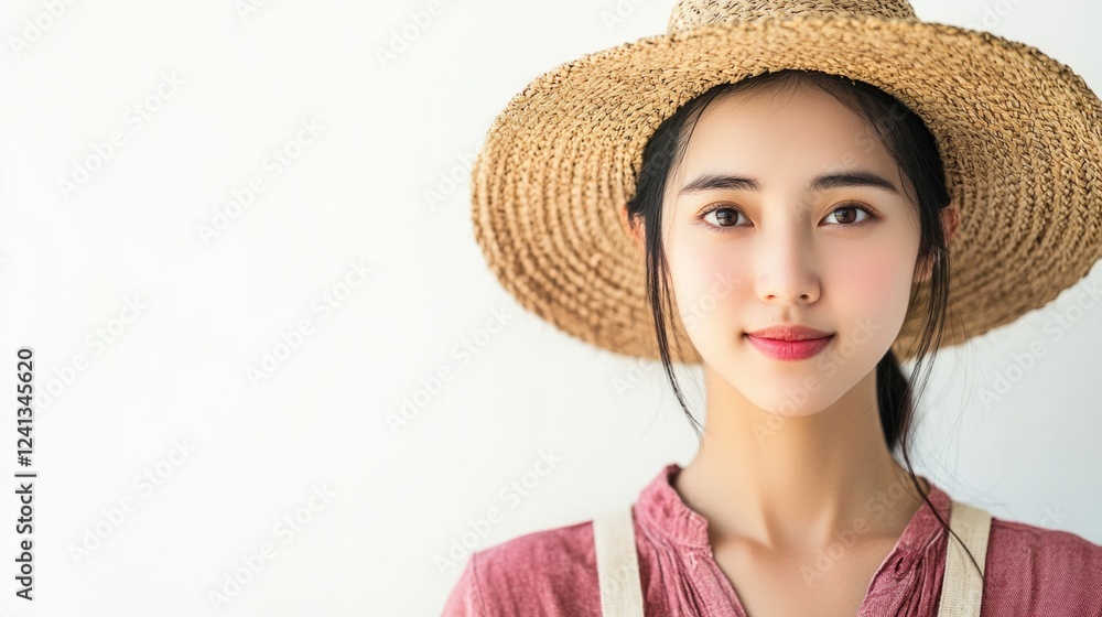 Portrait of a young Asian female farmer wearing a straw hat with a natural makeup look, set against a clean white background, conveying serenity and rural lifestyle. Portrait of a young Asian female farmer wearing a straw hat with a natural makeup look, set against a clean white background, conveying serenity and rural lifestyle.