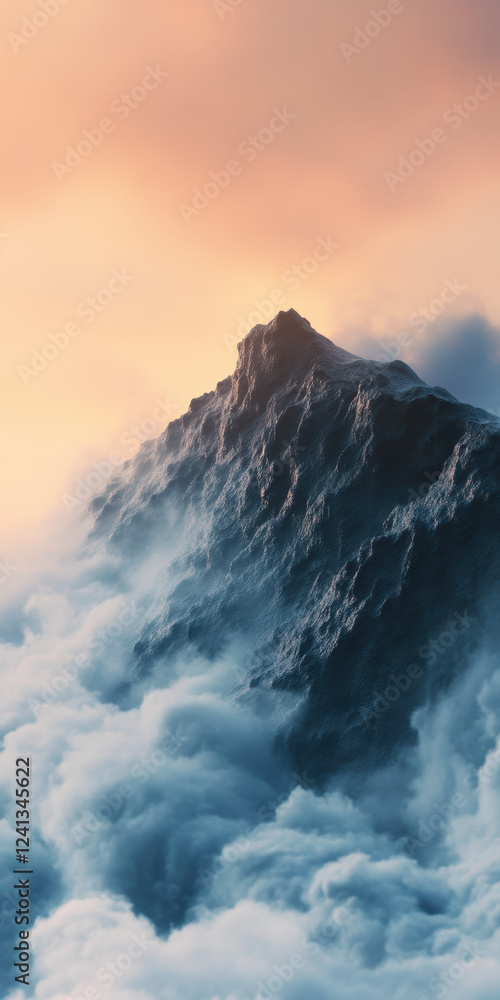 Majestic mountain peak emerging through dense clouds at sunrise, serene landscape with ethereal atmosphere Majestic mountain peak emerging through dense clouds at sunrise, serene landscape with ethereal atmosphere