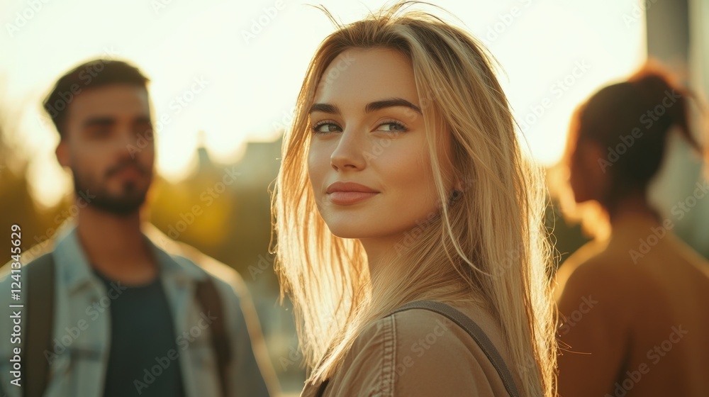 Fototapeta premium Thoughtful blonde manager contemplating in sunset glow with multiethnic colleagues engaging in conversation in blurred background