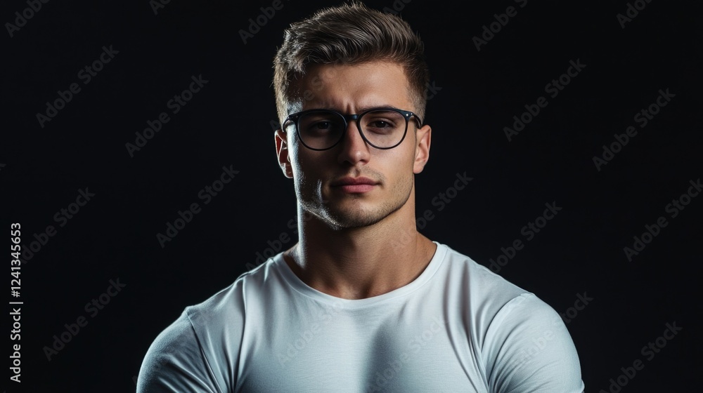 Fototapeta premium Confident young athletic man displaying muscular physique in fitted white t-shirt against dark black background, wearing glasses with short styled hair.