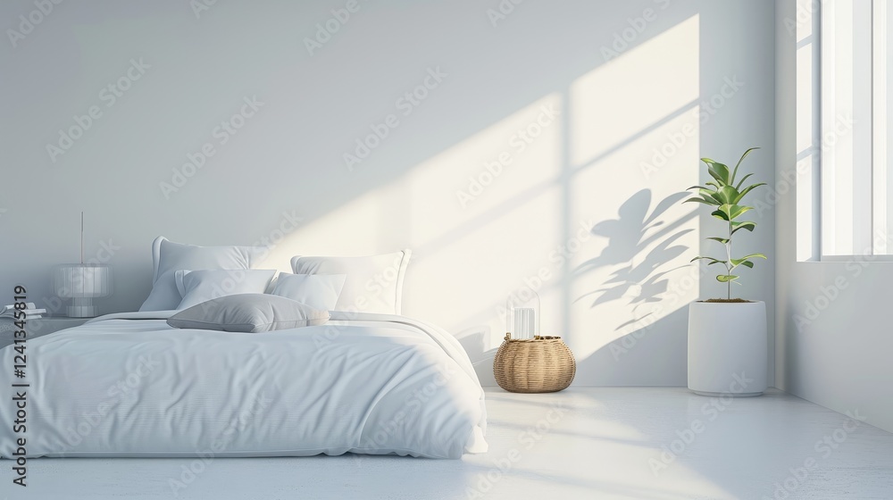 White bedding near a plant in a white pot and a wicker basket pot in the sunlight streaming through a window on a white wall background