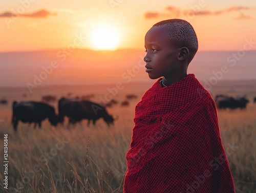 Young child in traditional clothing watches the sunset over grazing livestock.