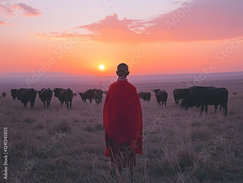 Sunrise over the savanna, a lone figure watches their herd graze.