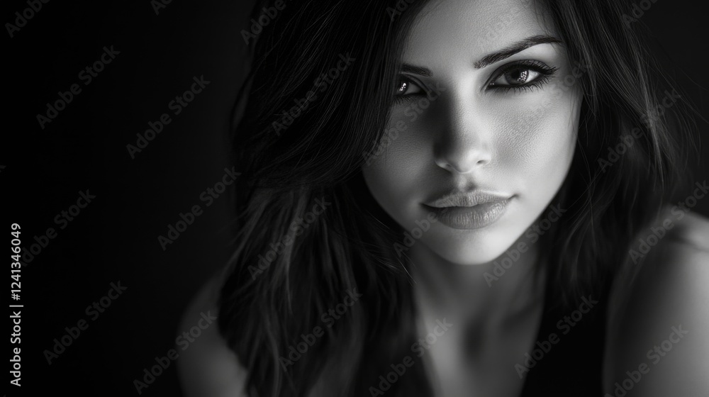 Captivating portrait of a young woman with long dark hair and striking features, showcasing a moody black and white aesthetic in a studio setting.