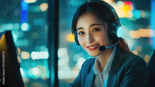 Professional Asian female businesswoman in formal attire using microphone headset during night shift, smiling while assisting customers at call center with cityscape backdrop. photo