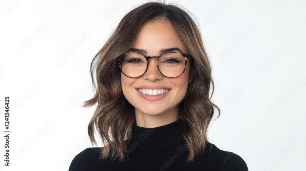 Happy young woman with glasses smiling warmly at the camera, showcasing her wavy brown hair and black turtleneck against a bright white background. Happy young woman with glasses smiling warmly at the camera, showcasing her wavy brown hair and black turtleneck against a bright white background.