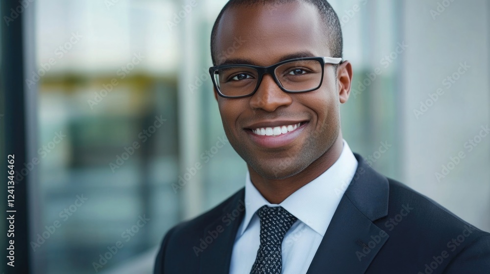 Fototapeta premium Confident African American businessman with glasses in a professional suit smiling outdoors in a modern urban environment with glass architecture.