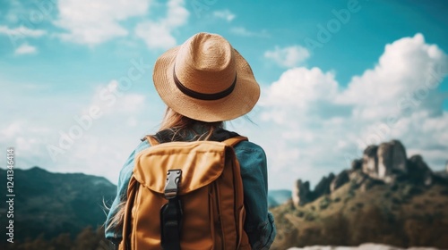 Woman with straw hat and yellow backpack gazing at mountainous landscape under blue sky with white clouds on an adventurous travel journey.