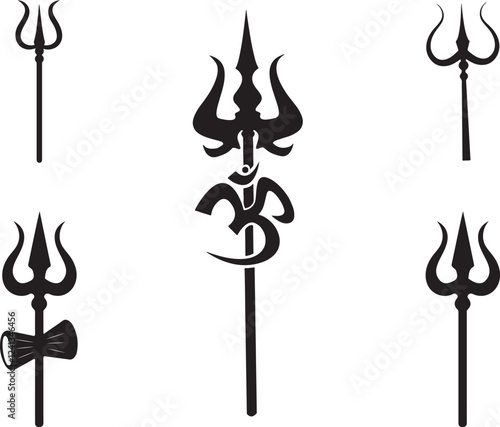 Set of God Shiva Trishul Trident silhouette design. Vector illustration