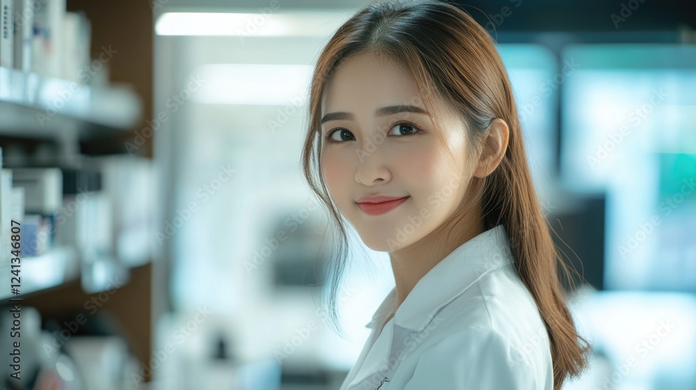 Fototapeta premium Portrait of 20-year-old Asian female pharmacist in white lab coat smiling at pharmacy counter in bright, modern pharmacy setting with healthcare products