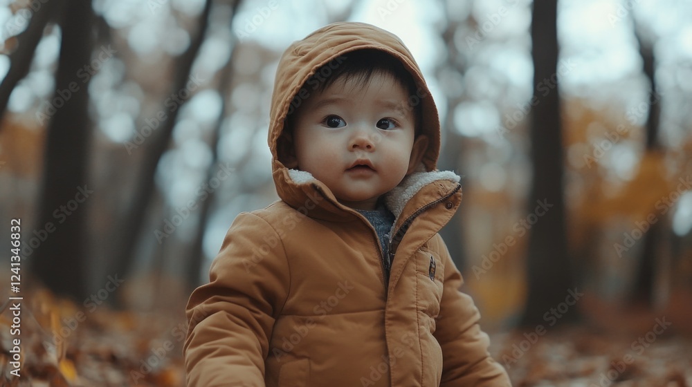 Adorable toddler boy in warm brown jacket exploring vibrant autumn forest with golden leaves, capturing the essence of autumn joy in nature. Adorable toddler boy in warm brown jacket exploring vibrant autumn forest with golden leaves, capturing the essence of autumn joy in nature.