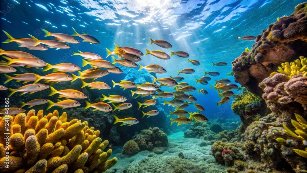 Obraz premium Vibrant Underwater Scene with School of Fish and Coral Reef