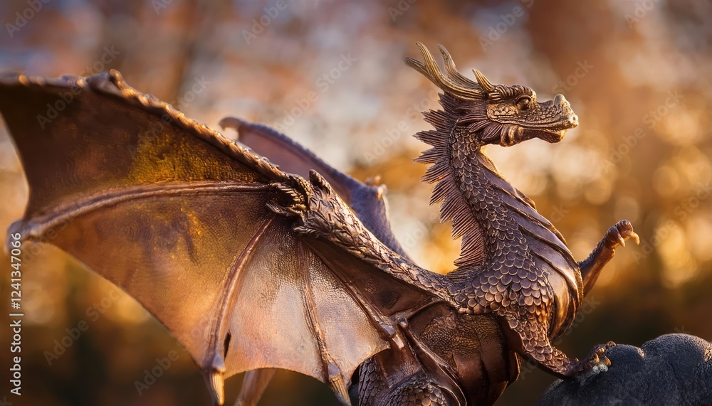 Fototapeta premium Fantasy bronze dragon Firefly soars gracefully with glimmering scales at sunset