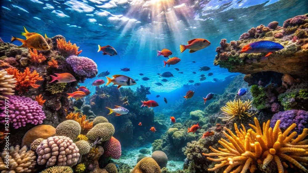 Obraz premium Vibrant Coral Reef with Colorful Fish Under Bright Sunlight