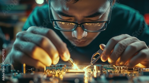 Asian Technician Concentrating on Soldering Electric Circuit Board of Power Outlet with Glasses in a Dimly Lit Workshop Environment photo