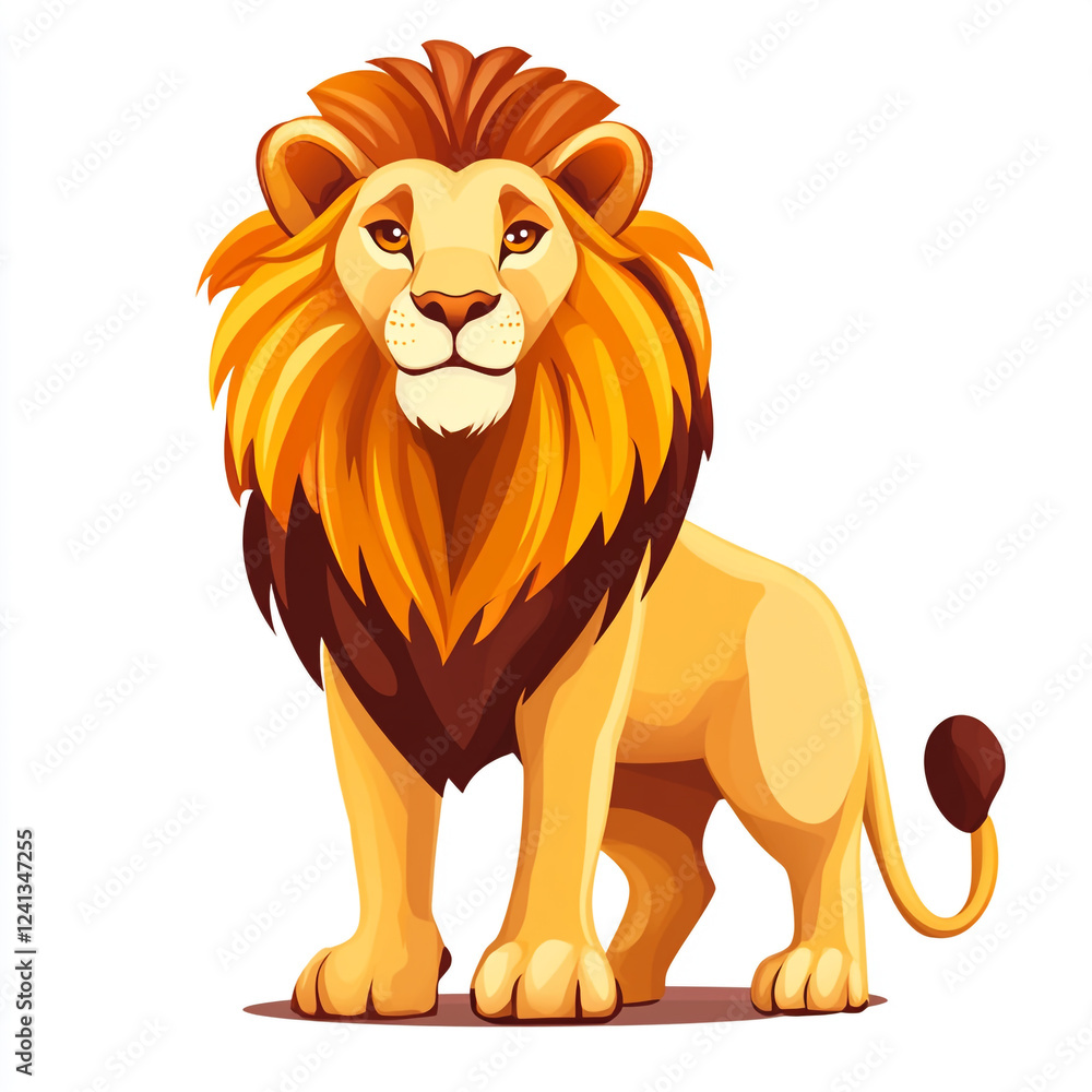Obraz premium A cartoon illustration of a lion with a majestic mane. The lion's mane is depicted in vibrant shades of orange and brown, making it visually striking.