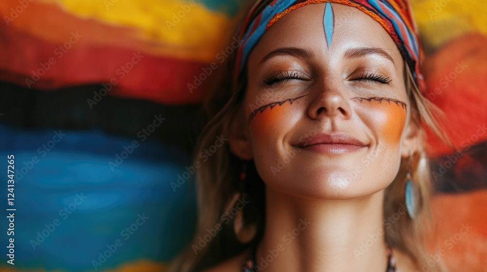 Caucasian woman with artistic face paint expressing joy and serenity against vibrant abstract background featuring warm tones of yellow, red, and blue. Caucasian woman with artistic face paint expressing joy and serenity against vibrant abstract background featuring warm tones of yellow, red, and blue.