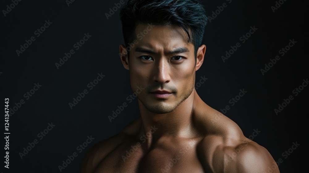 Muscular Asian man with a serious expression showcasing defined physique against a dark black background highlighting strength and intensity Muscular Asian man with a serious expression showcasing defined physique against a dark black background highlighting strength and intensity