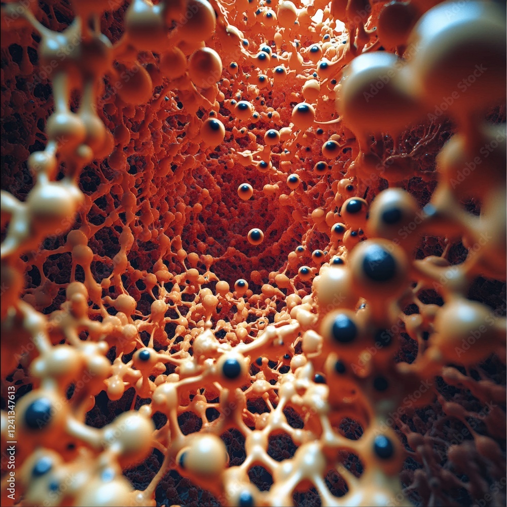 Abstract representation of interconnected orange and black molecular structures Abstract representation of interconnected orange and black molecular structures
