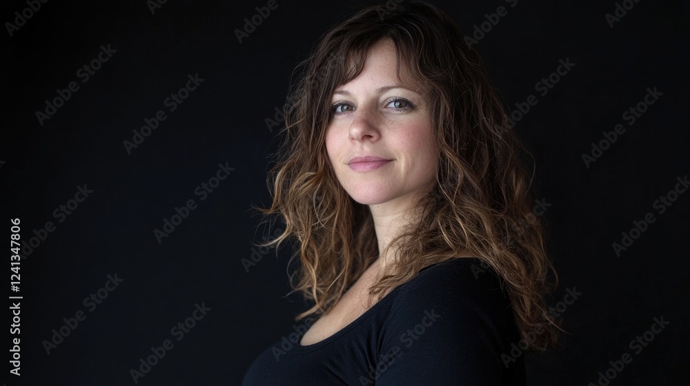 Close-up portrait of confident pregnant woman with wavy brown hair in black top against a dark background radiating beauty and strength during maternity Close-up portrait of confident pregnant woman with wavy brown hair in black top against a dark background radiating beauty and strength during maternity