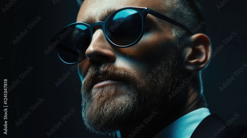 Stylish mature businessman with beard wearing sunglasses in dramatic lighting showcasing men's fashion and optics in a dark setting Stylish mature businessman with beard wearing sunglasses in dramatic lighting showcasing men's fashion and optics in a dark setting