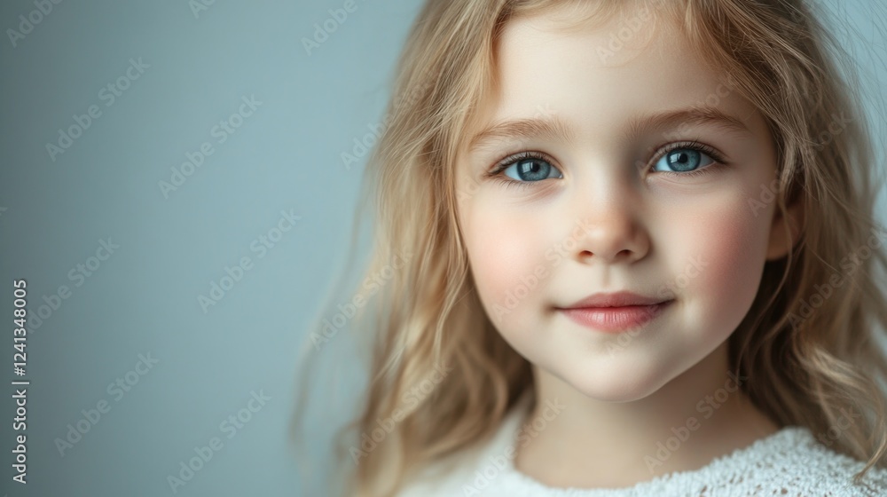 Portrait of a charming young girl with long wavy blonde hair and bright blue eyes against a soft gray background highlighting her innocence and beauty. Portrait of a charming young girl with long wavy blonde hair and bright blue eyes against a soft gray background highlighting her innocence and beauty.