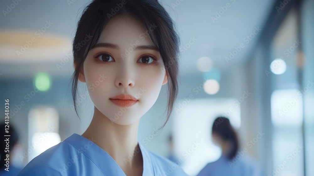 Young Asian female nurse in blue scrubs with soft makeup, bright hospital setting, focused expression, smiling in a modern medical environment. Young Asian female nurse in blue scrubs with soft makeup, bright hospital setting, focused expression, smiling in a modern medical environment.