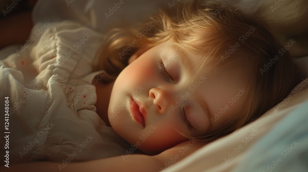 Sleeping European toddler in soft light-colored clothing resting peacefully in a crib, showcasing the importance of sleep for infant health and development. Sleeping European toddler in soft light-colored clothing resting peacefully in a crib, showcasing the importance of sleep for infant health and development.