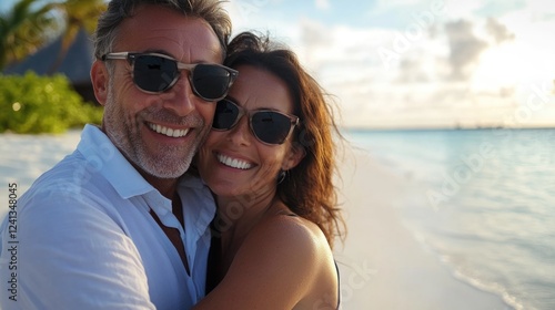 Fototapeta Naklejka Na Ścianę i Meble -  Smiling middle-aged couple enjoying romantic beach embrace at sunset wearing sunglasses, tropical island, Maldives, summer vacation getaway.