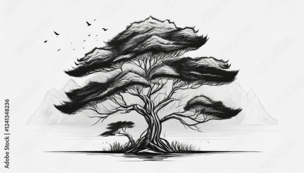 Intricate line art of a majestic tree by the water with mountains and birds in the background during a serene moment of nature Intricate line art of a majestic tree by the water with mountains and birds in the background during a serene moment of nature